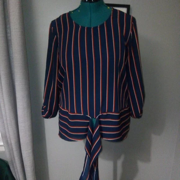 Maurice’s Pinstriped Tie Waist Blouse Sz Large Red White & Blue - Picture 9 of 15
